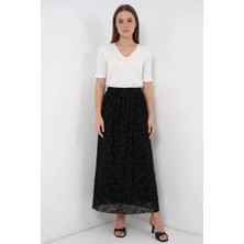 Moda Molası Kadın Flok Baskılı Pamuklu Siyah Etek