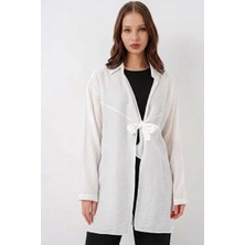 Moda Molası Kadın Gömlek Yaka Bağcıklı Viskon Beyaz Kimono