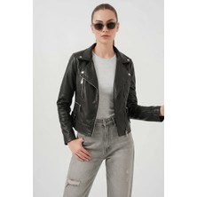 Moda Molası Kadın Dik Yaka Biker Siyah Ceket