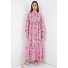 Moda Molası Kadın Yuvarlak Yaka Beli Büzgülü Çiçek Desenli Viskon Pembe Tesettür Elbise