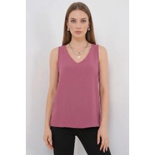 Moda Molası Kadın Sıfır Kol V Yaka Gül Kurusu Bluz