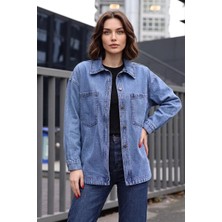 Moda Molası Kadın Gömlek Yaka Çift Cepli Oversize Pamuklu Lacivert Ceket