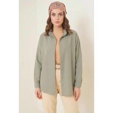 Moda Molası Kadın Rahat Kesim Basic Oversize Pamuklu Haki Tesettür Gömlek