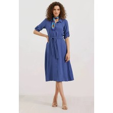 Moda Molası Kadın Kuşaklı Indigo Gömlek Elbise