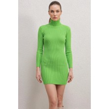 Moda Molası Kadın Balıkçı Yaka Triko Yeşil Elbise