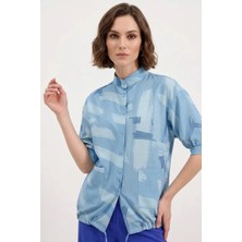Moda Molası Kadın Oversize Desenli Viskon Mavi Gömlek