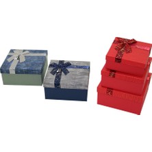Mayf 3pcs Kare Çizgili Mix Renkli Karton Hediye Kutusu Kurdelalı 19-17-15CM (5332)
