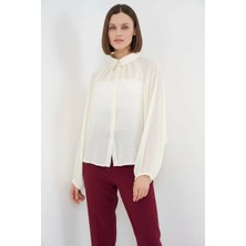 Moda Molası Kadın Yarasa Kol Oversize Çizgili Viskon Ekru Gömlek