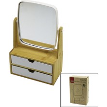 Mayf 2 Çekmeceli Bambu Ahşap STANDLI=9X9.9X17.8X21.5CM Makyaj AYNASI=15X18CM Takılık 1+1 Organizer (5332)