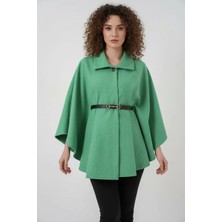Moda Molası Kadın Gömlek Yaka Kemerli Pamuklu Yeşil Panço