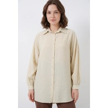 Moda Molası Kadın Bol Kesim Düğme Detaylı Beli Büzgülü Oversize Viskon Ekru Gömlek