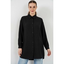 Moda Molası Kadın Gömlek Yaka Dokulu Oversize Viskon Siyah Tunik