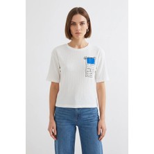 Moda Molası Kadın Yuvarlak Yaka Basic Baskılı Mavi Tişört