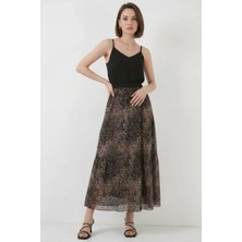Moda Molası Kadın Leopar Desenli Şifon Bej Etek