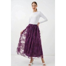 Moda Molası Kadın Uzun Flok Baskılı Pamuklu Mor Etek