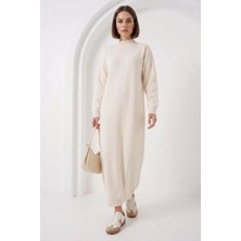Moda Molası Kadın Çizgili Triko Krem Elbise