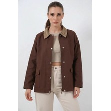 Moda Molası Kadın Klasik Yaka Cep Detaylı Oversize Kahverengi Ceket