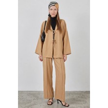Moda Molası Kadın V Yaka Kimono Kuşaklı Keten Bisküvi Ikili Takım