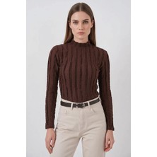 Moda Molası Kadın Yüksek Yaka Dokulu Kahverengi Bluz
