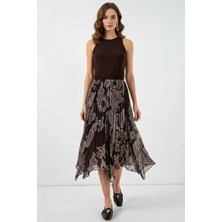 Moda Molası Kadın Yuvarlak Yaka Asimetrik Pileli Desenli Şifon Kahverengi Etek