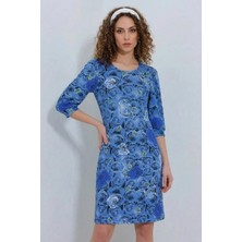Moda Molası Kadın Yuvarlak Yaka Çiçek Desenli Saks Elbise
