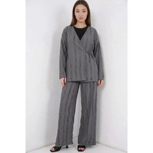 Moda Molası Kadın V Yaka Normal Bel Dikey Dikiş Detaylı Gri Ikili Takım