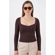 Moda Molası Kadın Kare Yaka Slim Fit Kahverengi Bluz