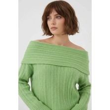 Moda Molası Kadın Oversize Açık Omuz Triko Yeşil Kazak