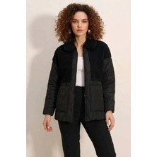 Moda Molası Kadın Yüksek Yaka Kapitone Peluş Detaylı Oversize Siyah Mont