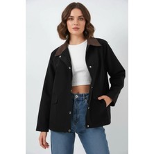 Moda Molası Kadın Klasik Yaka Cep Detaylı Oversize Siyah Ceket