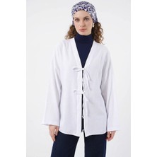 Moda Molası Kadın V Yaka Bağcıklı Viskon Beyaz Tesettür Kimono
