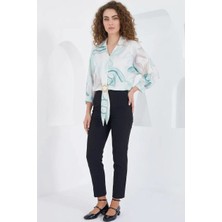 Moda Molası Kadın Kuşaklı Oversize Desenli Saten Mint Gömlek