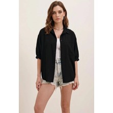 Moda Molası Kadın Kısa Kol Basic Oversize Pamuklu Siyah Gömlek