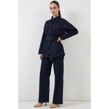 Moda Molası Kadın Gömlek Yaka Kuşaklı Pamuklu Lacivert Ikili Takım