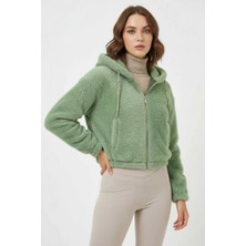 Moda Molası Kadın Kapüşonlu Crop Peluş Çağla Yeşili Ceket