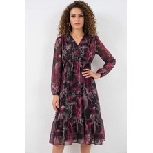 Moda Molası Kadın Yuvarlak Yaka Beli Büzgülü Uzun Kol Volanlı Etek Ucu Desenli Şifon Kırmızı Elbise