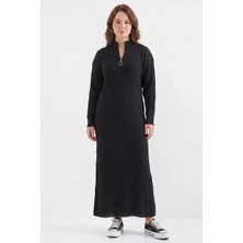 Moda Molası Kadın Balıkçı Yaka Uzun Kol Fit Kesim Triko Siyah Elbise