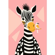 Kanvas Tr Pembe Zeminli Sevimli Zebra ve Kuş Illüstrasyonu Kanvas Tablo