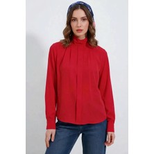 Moda Molası Kadın Kruvaze Yaka Dökümlü Saten Kırmızı Bluz