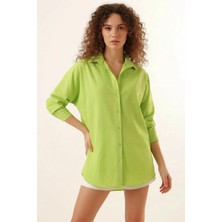 Moda Molası Kadın Oversize Kesim Basic Pamuklu Çağla Yeşili Gömlek