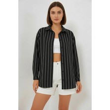 Moda Molası Kadın Basic Oversize Çizgili Pamuklu Siyah Gömlek
