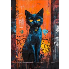 Kanvas Tr Pop Art ve Grunge Dokulu Canlı Renkli Kedi Çizimi Premium Kanvas Tablo