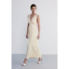 Facette Aveline Dantelli Saten Elbise Bej