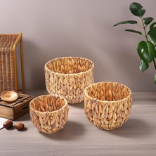 Deconox 3'lü El Yapımı Doğal Hasır Yuvarlak Saksı Seti, Hasır El Yapımı Yuvarlak Örgü Saksı 3'lü Set, Rattan