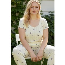 Siyah İnci Sarı Çiçekli Pamuklu Pointel Ajurlu/delikli Büyük Beden Örme Pijama TAKIM26120891