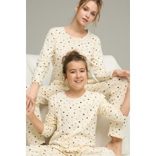 Siyah İnci Ekru Kalp Desenli Pamuklu Bisiklet Yaka Örme Pijama TAKIM25241142