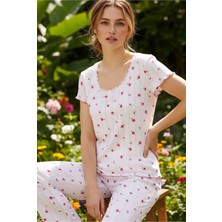Siyah İnci Pembe Çiçekli Pamuklu Pointel Ajurlu/delikli Kısa Kolluörme Pijama Takım 26120641