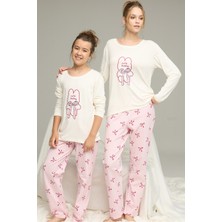 Siyah İnci Ekru Kurdele Desenli Pamuklu Bisiklet Yaka Örme Pijama TAKIM25241147