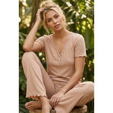Siyah İnci Sütlükahve Dantel Detaylı Fitilli Örme Pijama Takım 26120554