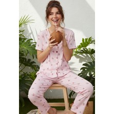 Siyah İnci Pembe Lale Desenli Bürümcük-Krınkıl Kısa Kollu Düğmeli Örme Pijama Takım 26120526